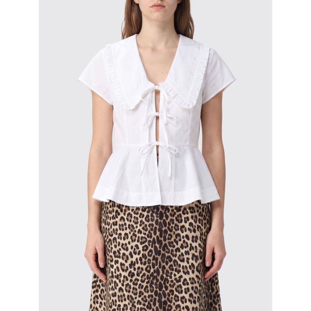 Ganni Women Ganni Organic Cotton Blouse With Sailor Collar And Ruffles